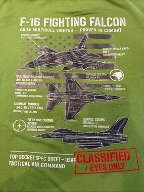 F-16 Fighting Falcon Graphic Tee - Green with White & Red Print Size XL